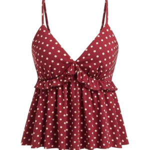 Be Stylish Women Elegant Burgundy Polka Dot Ruffle Cami Top