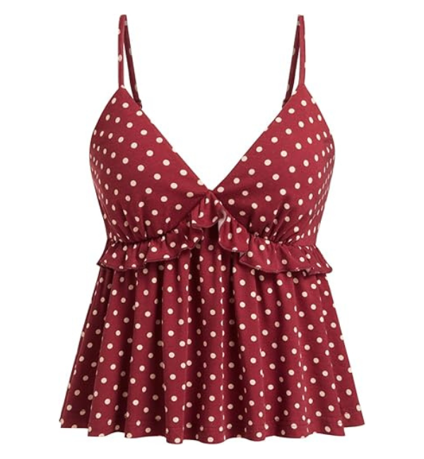 Be Stylish Women Elegant Burgundy Polka Dot Ruffle Cami Top