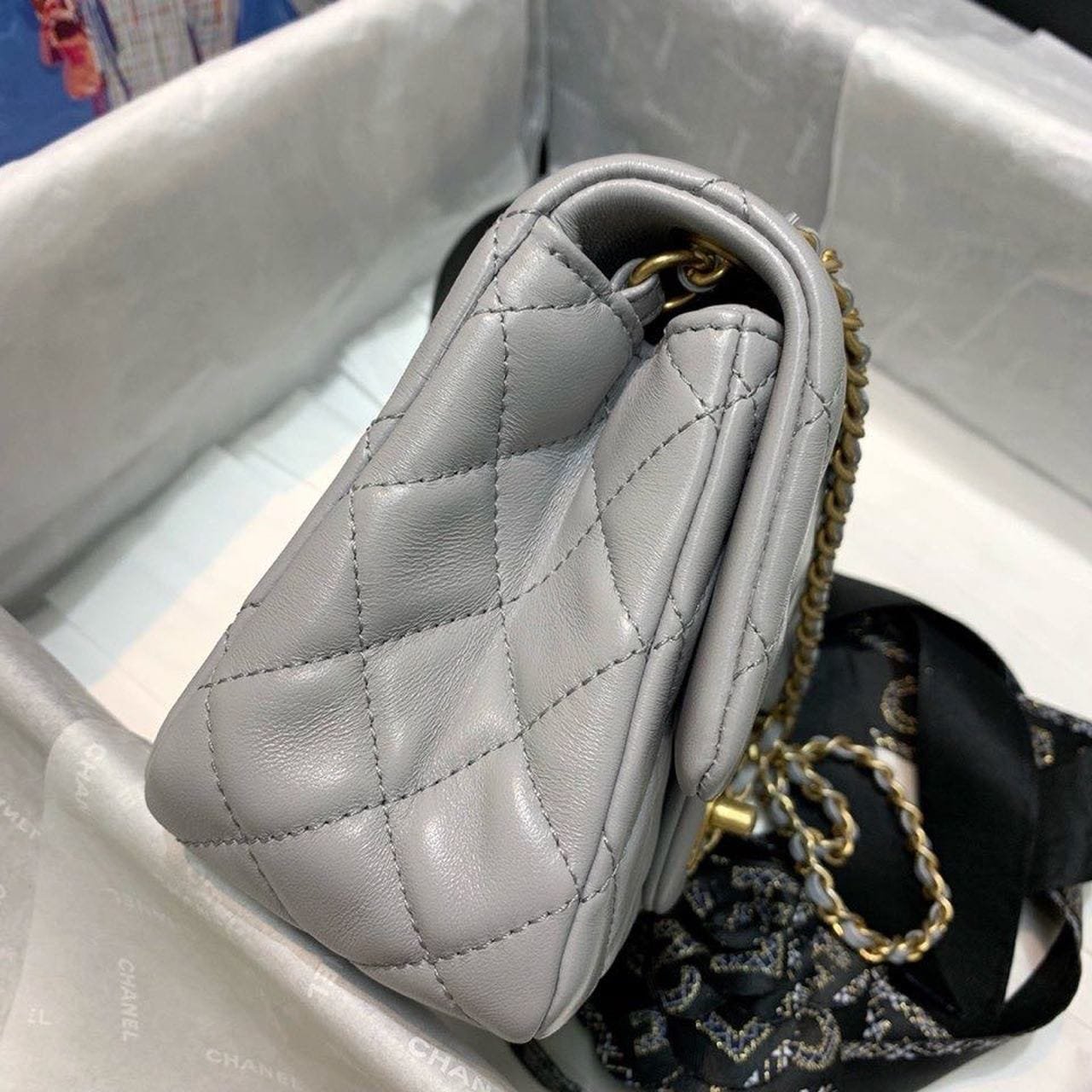 Chanel Classic Flap With Charm Chain With CC Details On Strap Bag 18cm Gold Hardware Lambskin Leather Spring/Summer Collection, Grey - Image 9