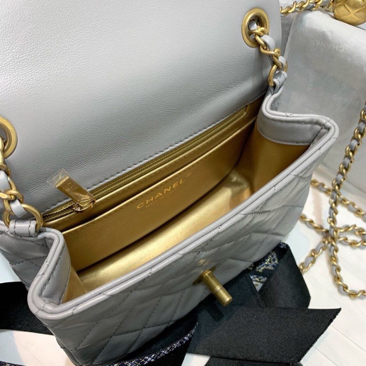 Chanel Classic Flap With Charm Chain With CC Details On Strap Bag 18cm Gold Hardware Lambskin Leather Spring/Summer Collection, Grey - Image 10