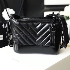 Chanel Chevron Gabrielle Hobo Bag 20cm Aged Calfskin Leather Spring/Summer Act 1 Collection, So Black