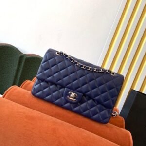 Chanel Classic Flap Bag Silver Hardware Lambskin Leather Spring/Summer Collection Navy Blue