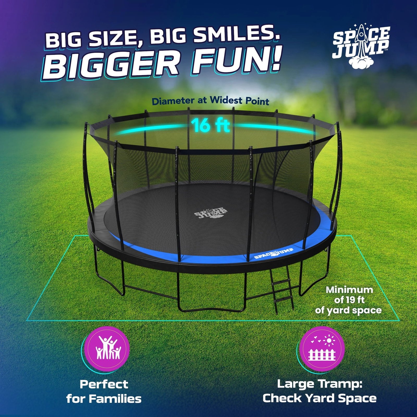 SpaceJump Lunar 16 Foot Trampoline, Outdoor Round Bouncer with Safety Net, Black - Image 2