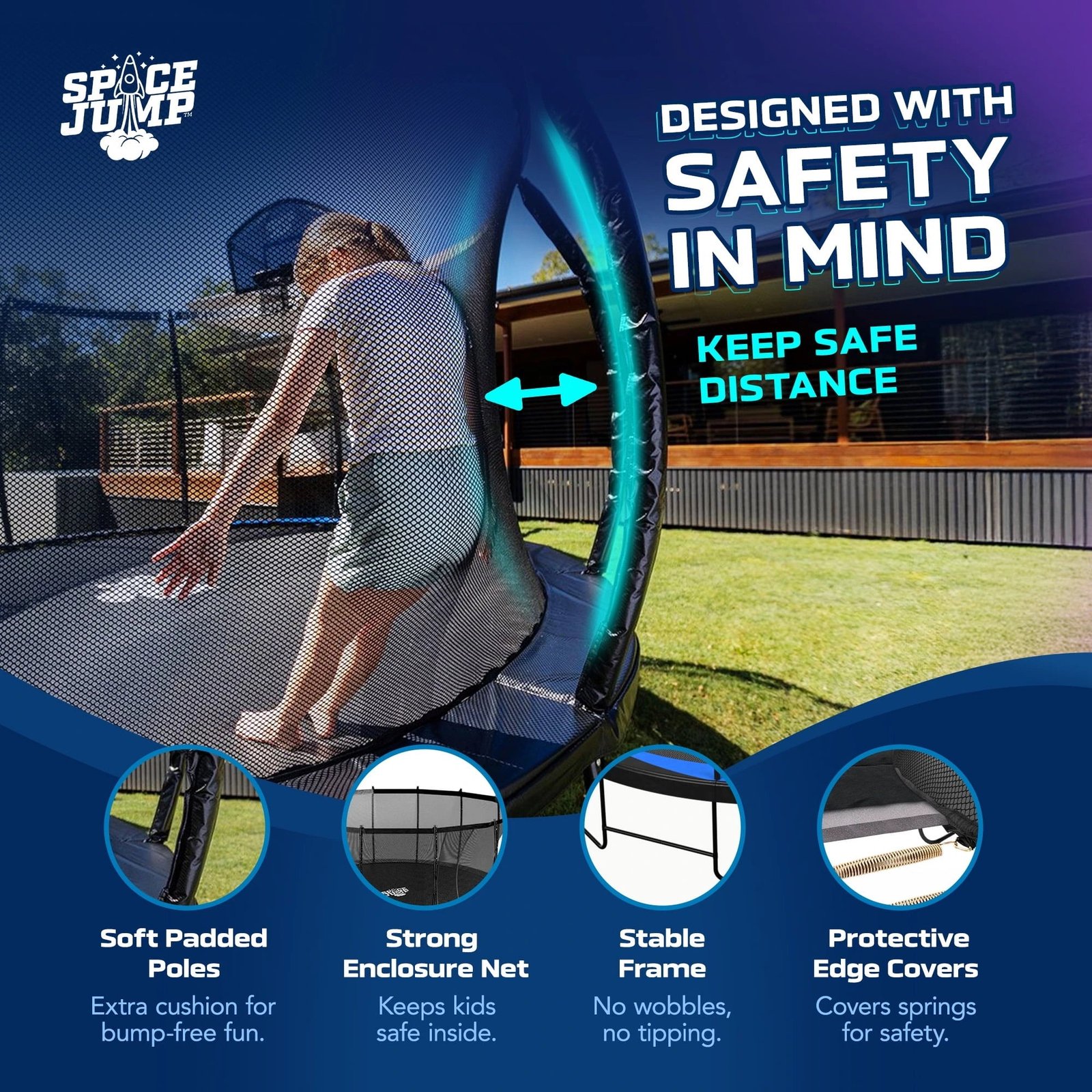 SpaceJump Lunar 16 Foot Trampoline, Outdoor Round Bouncer with Safety Net, Black - Image 3