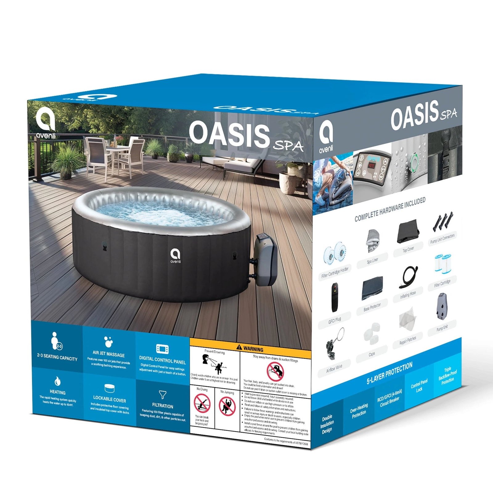 Avenli Oasis 2-3 Person Inflatable Hot Tub Spa + Cover, Rapid Heating up to 104°F, 105 Water Jets, 181 gal Capacity - Image 4