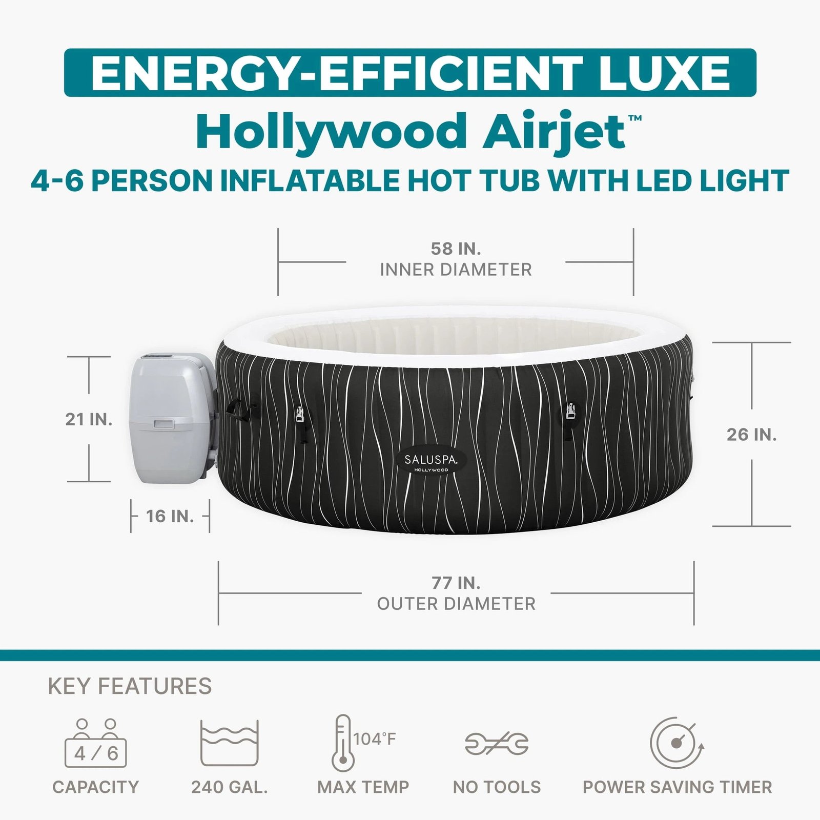Bestway SaluSpa Hollywood Luxe 4-6 Person Inflatable Hot Tub, Round Energy-Efficient Spa, 77″ x 26″ - Image 3