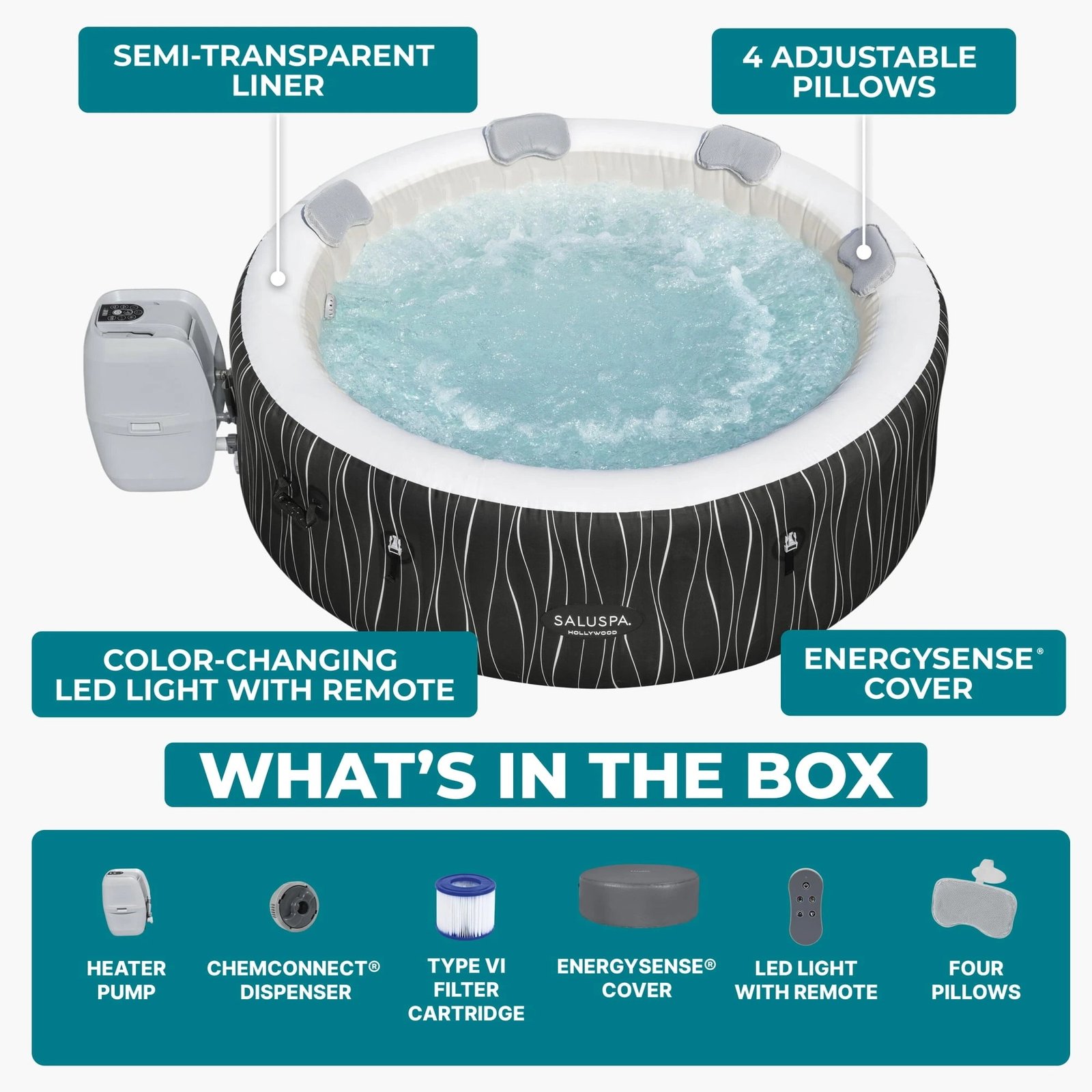 Bestway SaluSpa Hollywood Luxe 4-6 Person Inflatable Hot Tub, Round Energy-Efficient Spa, 77″ x 26″ - Image 4
