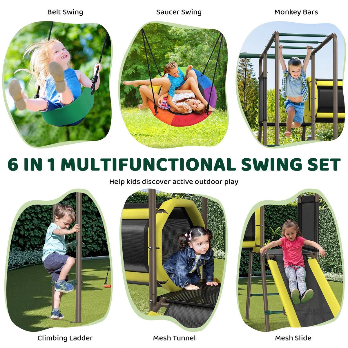 Klo Kick 6-in-1 Swing Set with Slide,Crawl Tunnel and Monkey Bars for Backyard, Playground for Kids Aged 3-12 - Image 11