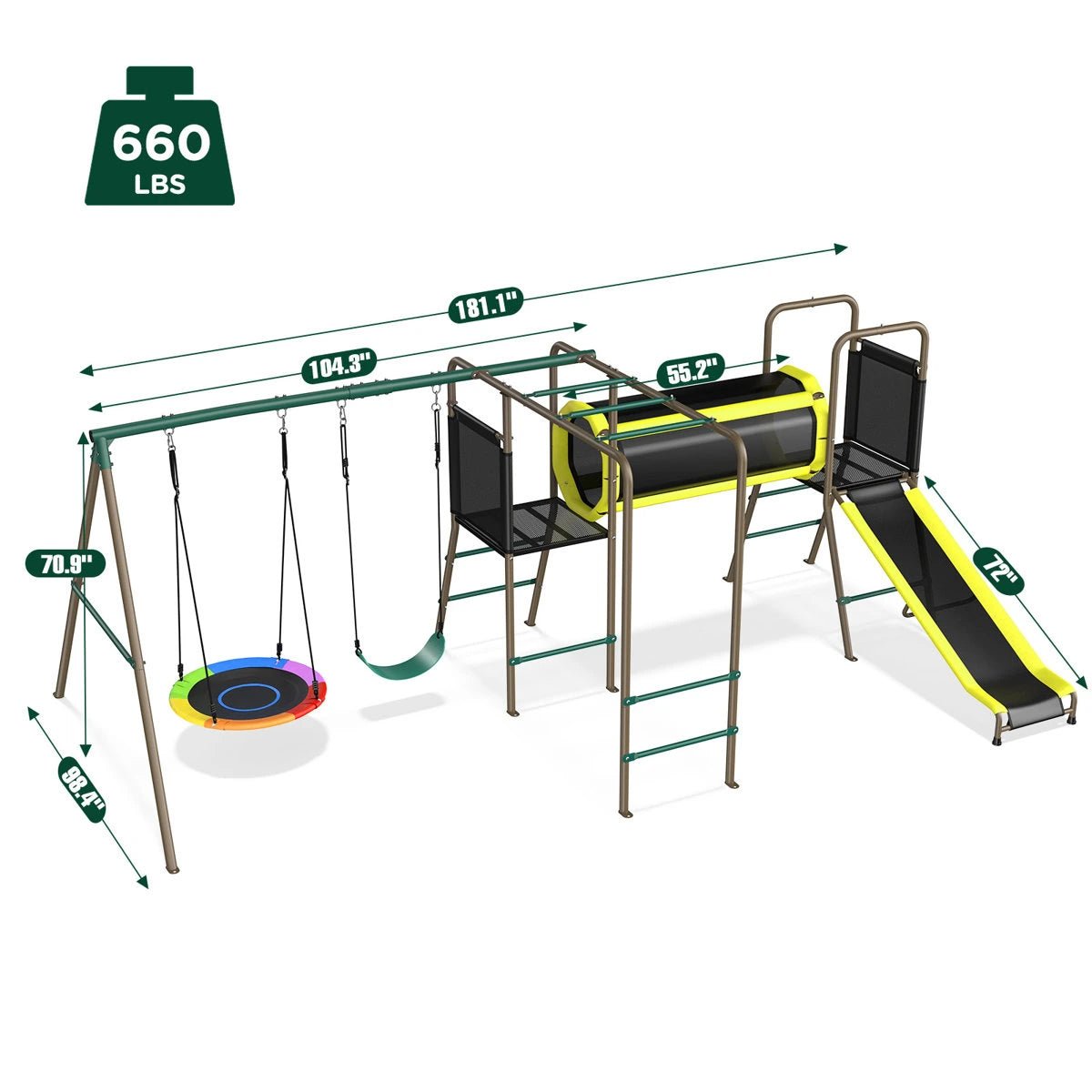 Klo Kick 6-in-1 Swing Set with Slide,Crawl Tunnel and Monkey Bars for Backyard, Playground for Kids Aged 3-12 - Image 3