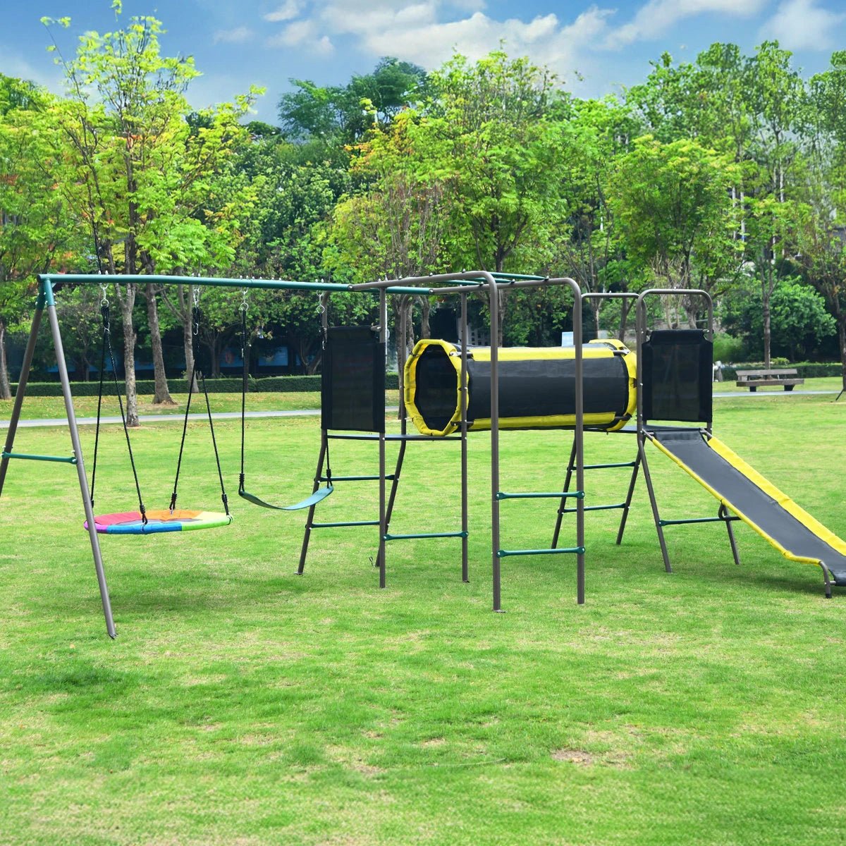 Klo Kick 6-in-1 Swing Set with Slide,Crawl Tunnel and Monkey Bars for Backyard, Playground for Kids Aged 3-12 - Image 4