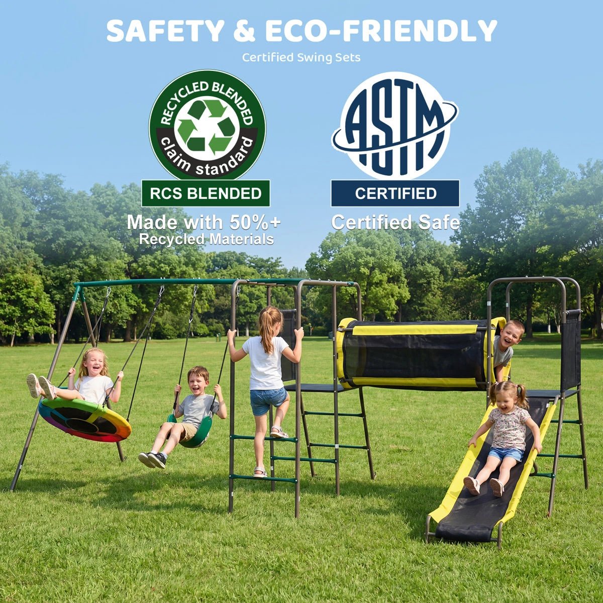 Klo Kick 6-in-1 Swing Set with Slide,Crawl Tunnel and Monkey Bars for Backyard, Playground for Kids Aged 3-12 - Image 8