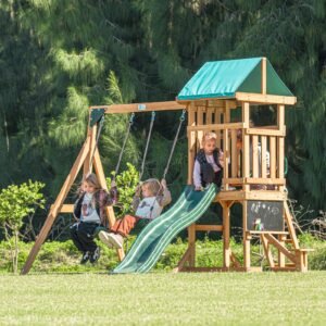 DOLPHIN PLAYGROUND Wooden Outdoor Playset with Dual Swings, Slide, and Playhouse – Rounded Edges