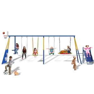 SUMIJ 8 in1 Swing Sets for Backyard with Kids Slide Outdoor Heavy-Duty Metal Playset for Kids 550lbs Swing Set with Slide, Saucer Seat, 2 Belt Seat, Soccer Goals, Glider,Baby Swing Set and Baketball Hoop