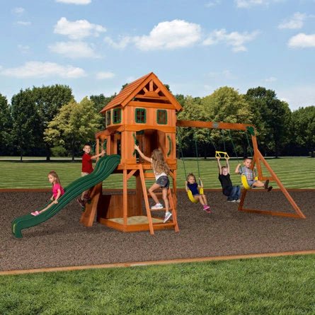 Backyard Discovery Atlantis Cedar Wood Swing Set with Wave Slide, Clubhouse, Rock Wall, and Sandbox Area - Image 2