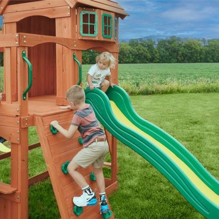 Backyard Discovery Atlantis Cedar Wood Swing Set with Wave Slide, Clubhouse, Rock Wall, and Sandbox Area - Image 3