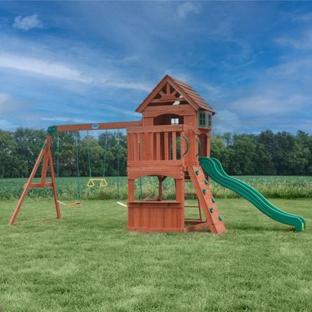 Backyard Discovery Atlantis Cedar Wood Swing Set with Wave Slide, Clubhouse, Rock Wall, and Sandbox Area - Image 7