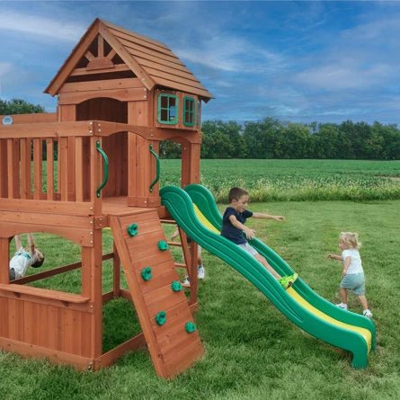 Backyard Discovery Atlantis Cedar Wood Swing Set with Wave Slide, Clubhouse, Rock Wall, and Sandbox Area - Image 8