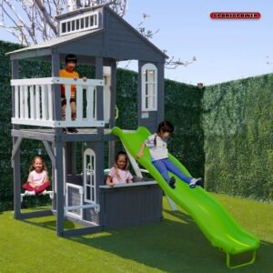 Sportspower Blakely 2-Story Playhouse with 8FT Slide, Working Door, Benches for Rest & Pretend Play Features, for Kids Ages 3-10, Wooden Elevated Playhouse