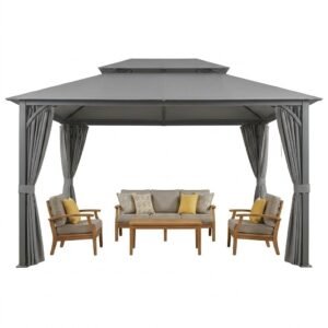 Furmax 13 Ft. W x 10 Ft. D Soft Top Steel Patio Gazebo with 2-Tier Canopy and Zippered Mesh Netting for Outdoor, Patio, Garden, and Backyard Activities