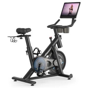 Merach S26 Aura Indoor Exercise Bike with 15.6″ Full HD Rotating Touchscreen, Phone Mirroring, 8 Resistance Levels, 8-Way Adjustable Seat