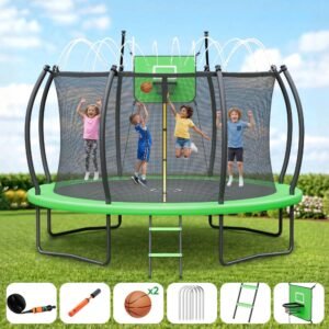 Outdoor Trampoline,Fashionsport Outfitters 8FT/12FT/14FT/16FT Round Jumping Trampoline with Ladder,Sprinkler,Basketball Hoop Board,Recreational Backyard Trampolines Anti-Rust for Kids Gift
