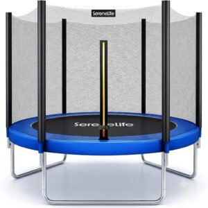 SereneLife 8FT 10FT 12FT 14FT Outdoor Trampoline for Kids – Recreational Backyard Trampoline with Curved Safety Poles and Net Enclosure- ASTM Approval for Kids Adults