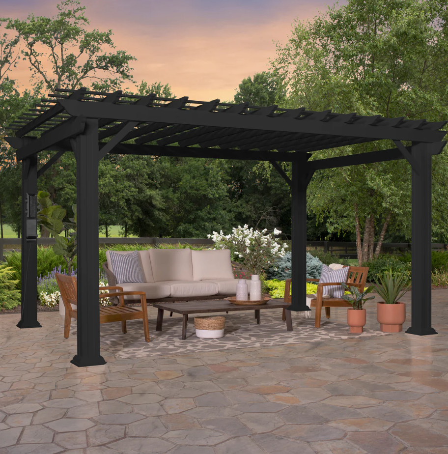 Stratford 16 Ft. X 12 Ft. Black Steel Traditional Pergola with Sail Shade Soft Canopy