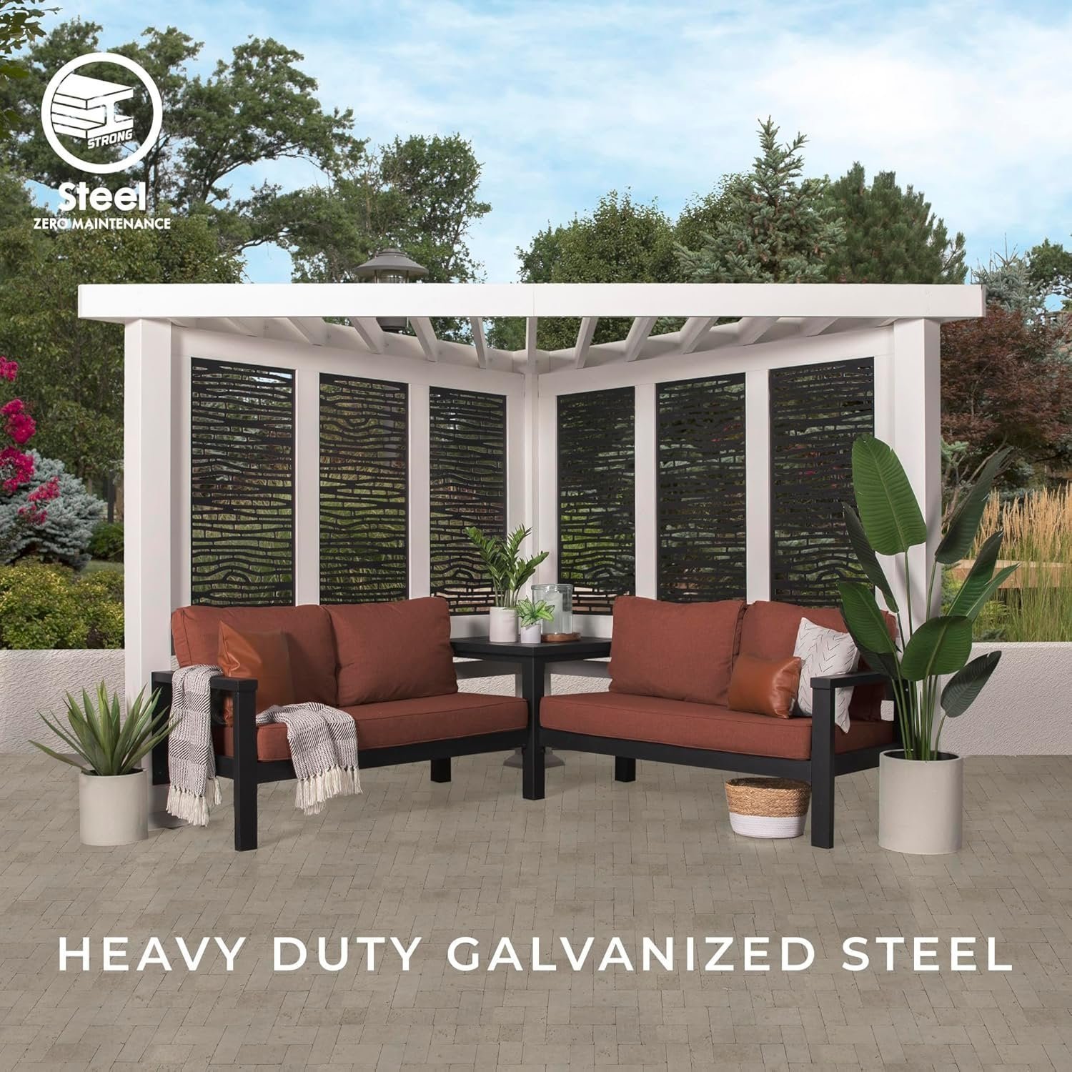 Ridgedale 8 Ft. X 8 Ft. White Steel Modern Cabana Pergola with Conversation Seating in Pumice