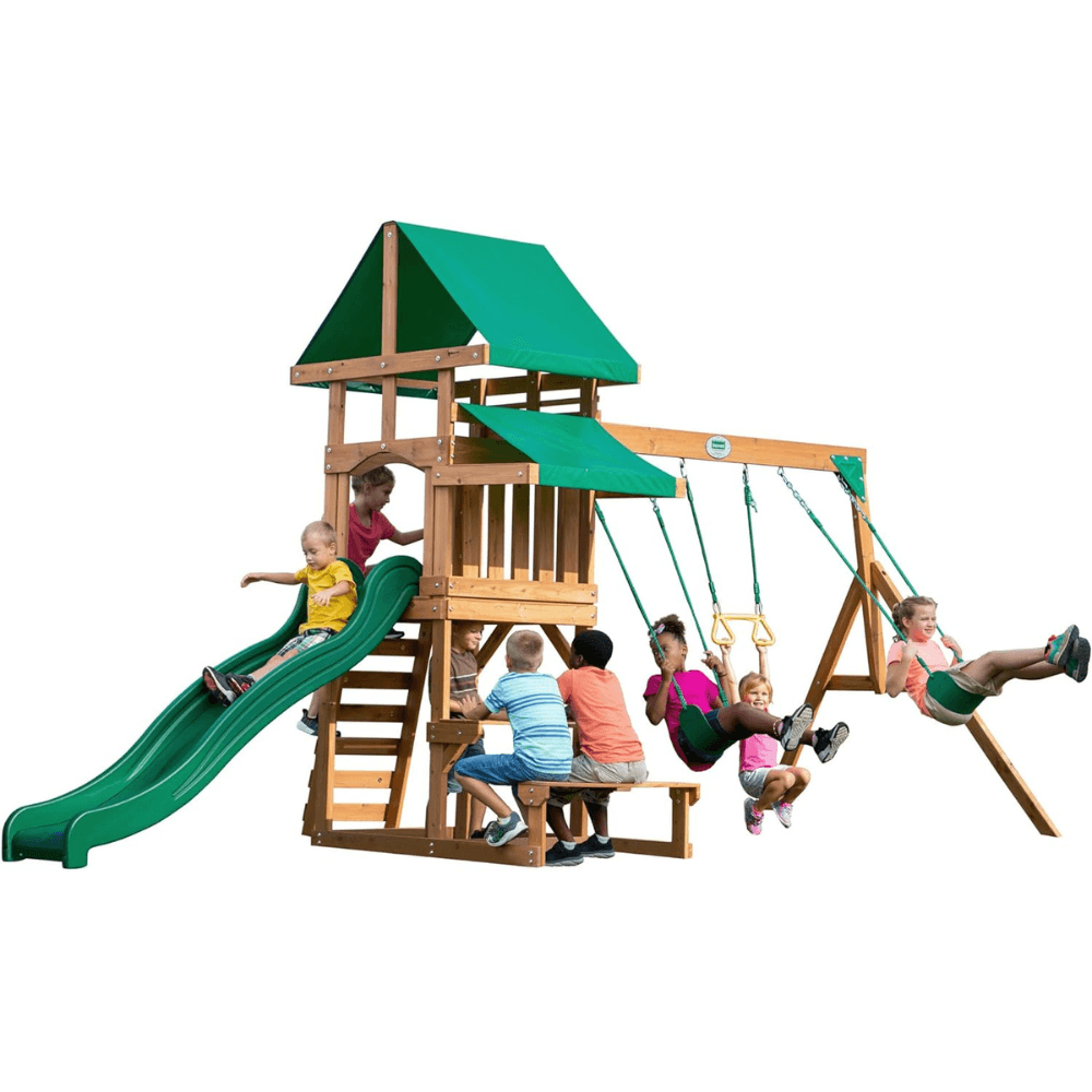 Canyon Creek All Cedar Swing Set Playset w/ Rockwall Upper Fort Belt Swings Web Swing Gray Wave Slide, and Play Kitchen - Image 8