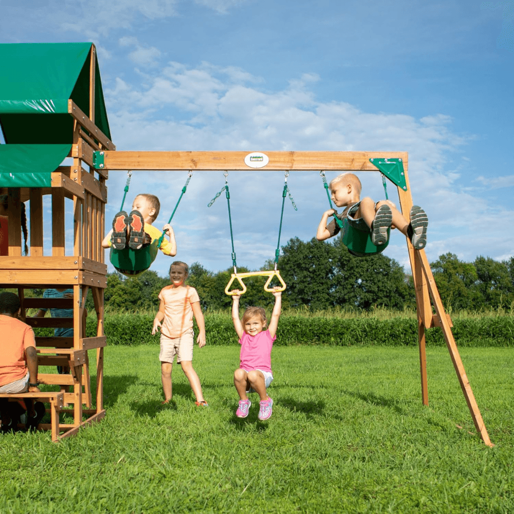 Canyon Creek All Cedar Swing Set Playset w/ Rockwall Upper Fort Belt Swings Web Swing Gray Wave Slide, and Play Kitchen - Image 2