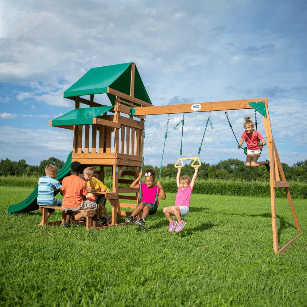 Canyon Creek All Cedar Swing Set Playset w/ Rockwall Upper Fort Belt Swings Web Swing Gray Wave Slide, and Play Kitchen - Image 3