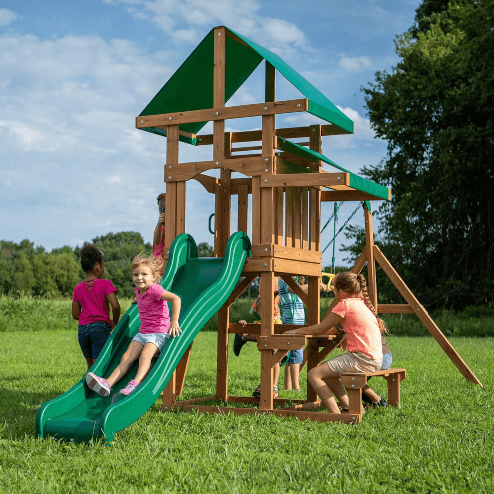 Canyon Creek All Cedar Swing Set Playset w/ Rockwall Upper Fort Belt Swings Web Swing Gray Wave Slide, and Play Kitchen - Image 4
