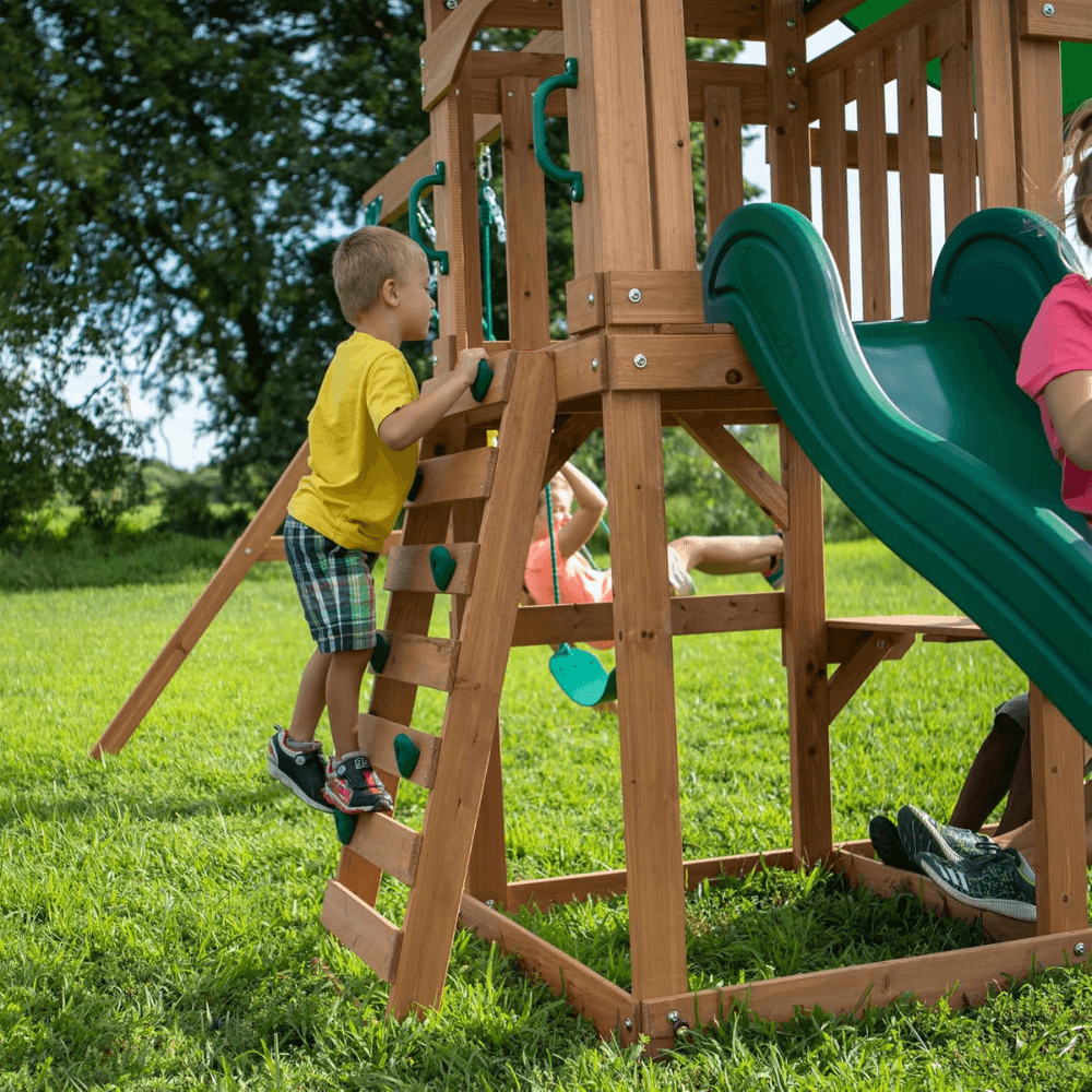 Canyon Creek All Cedar Swing Set Playset w/ Rockwall Upper Fort Belt Swings Web Swing Gray Wave Slide, and Play Kitchen - Image 5