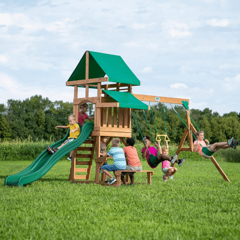 Canyon Creek All Cedar Swing Set Playset w/ Rockwall Upper Fort Belt Swings Web Swing Gray Wave Slide, and Play Kitchen - Image 7